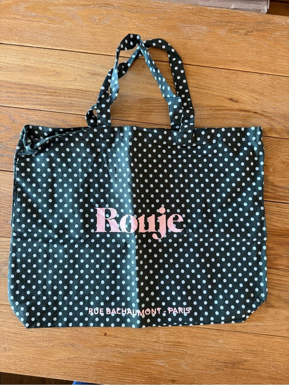 Rouje Black Polka Dot Tote with Pink Logo
